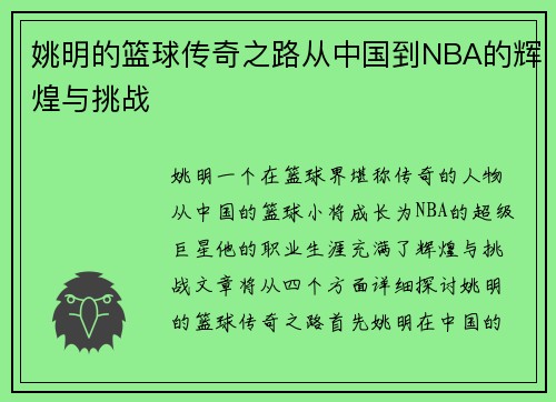 姚明的篮球传奇之路从中国到NBA的辉煌与挑战